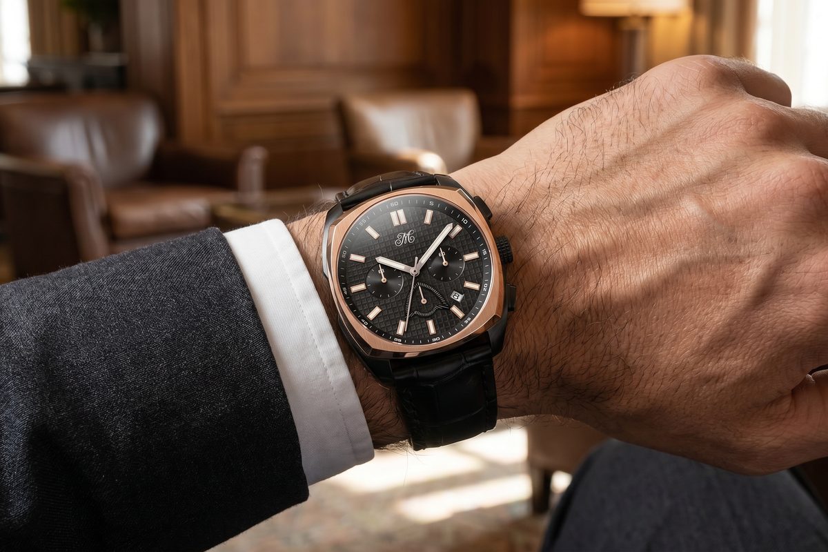 Rose gold chronograph on suited wrist